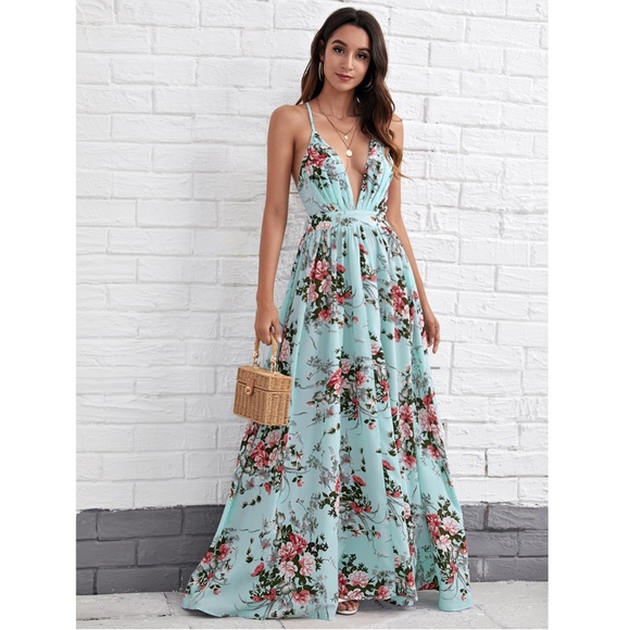 Backless Floral Print Maxi Dress Criss Cross - Picture 12 of 14
